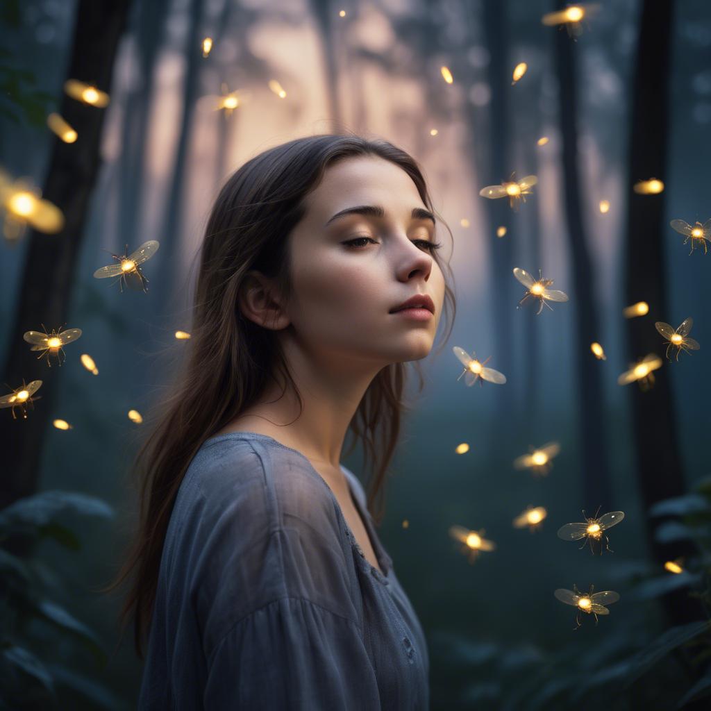 A stunning image of dreamy young woman surrounded by fireflies in twilight.