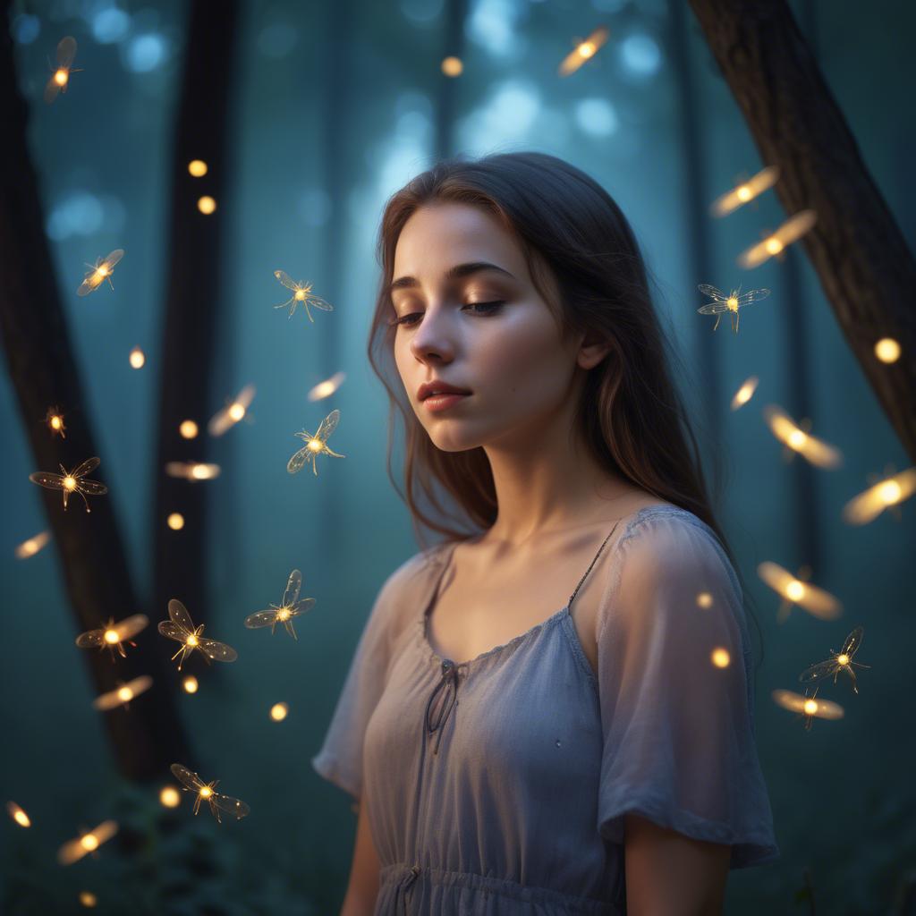 A stunning image of dreamy young woman surrounded by fireflies in twilight.