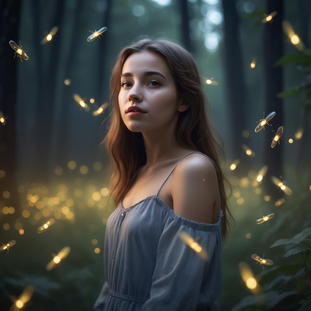 A stunning image of dreamy young woman surrounded by fireflies in twilight.
