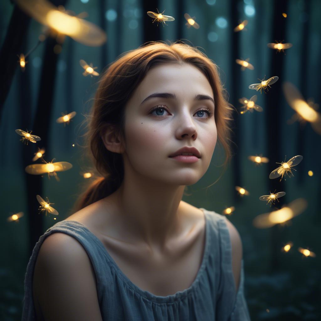 A stunning image of dreamy young woman surrounded by fireflies in twilight.
