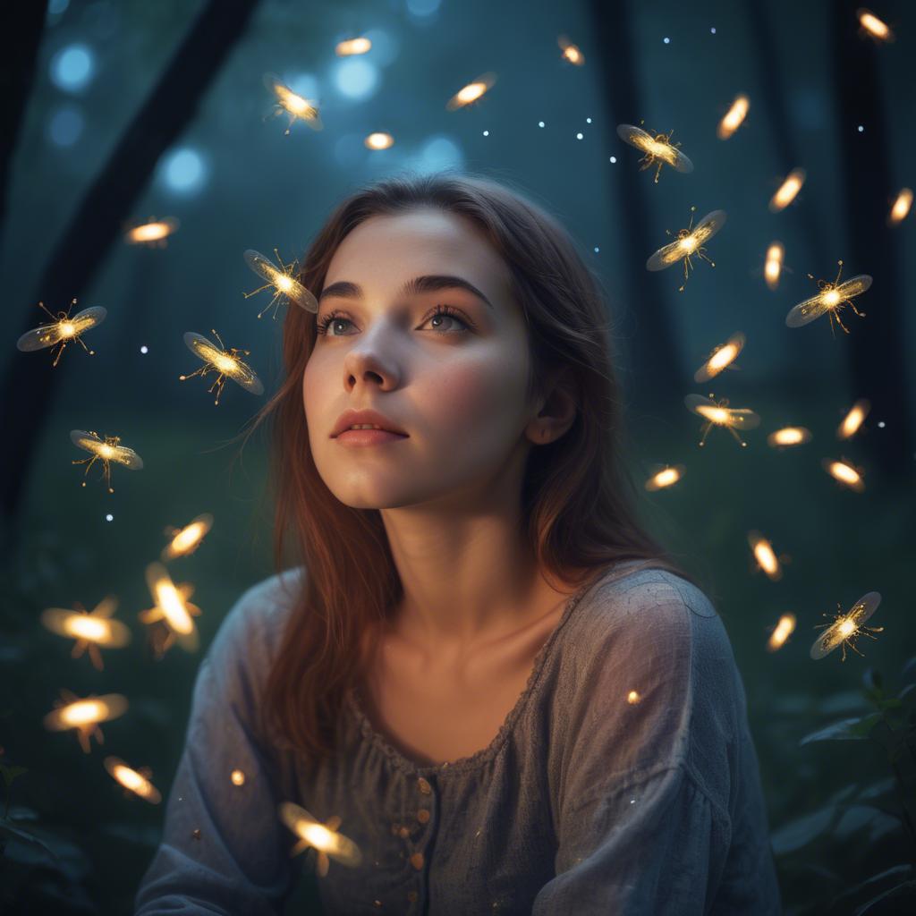A stunning image of dreamy young woman surrounded by fireflies in twilight.