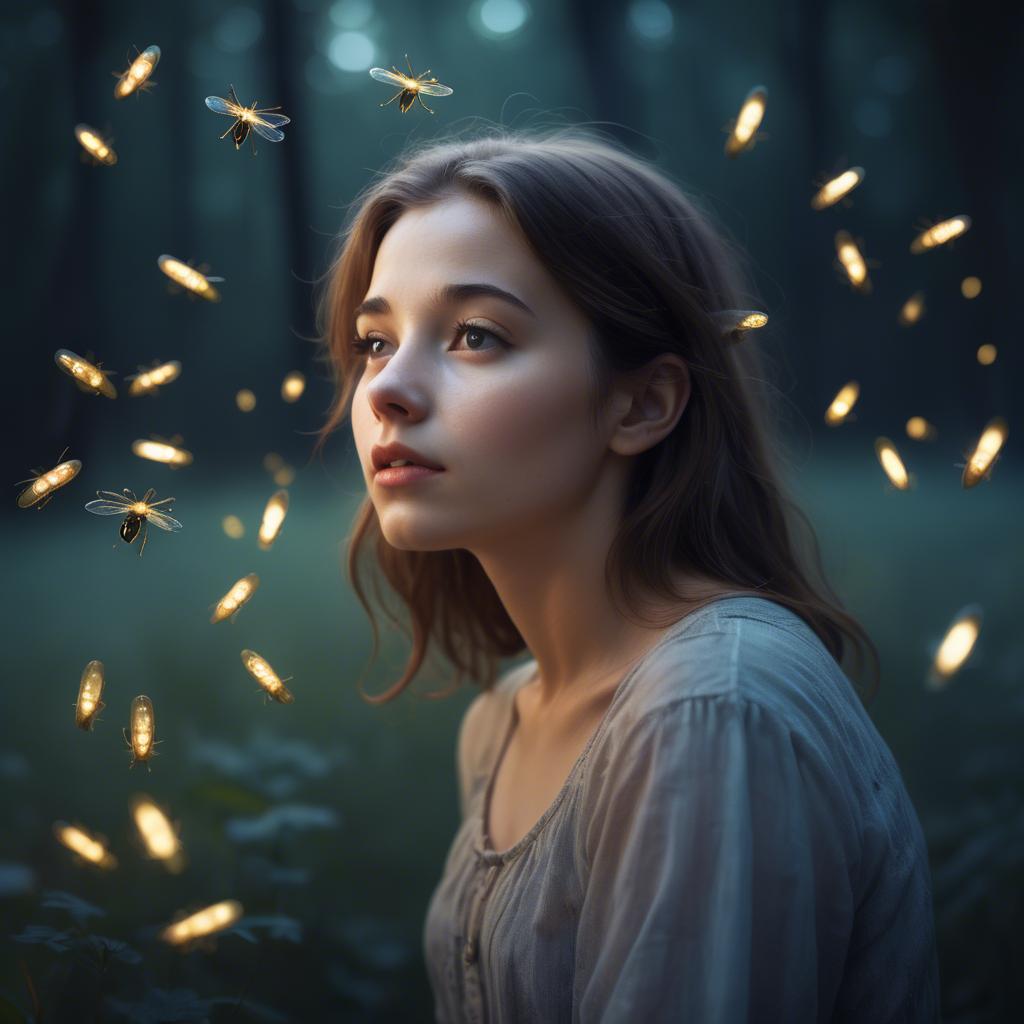 A stunning image of dreamy young woman surrounded by fireflies in twilight.