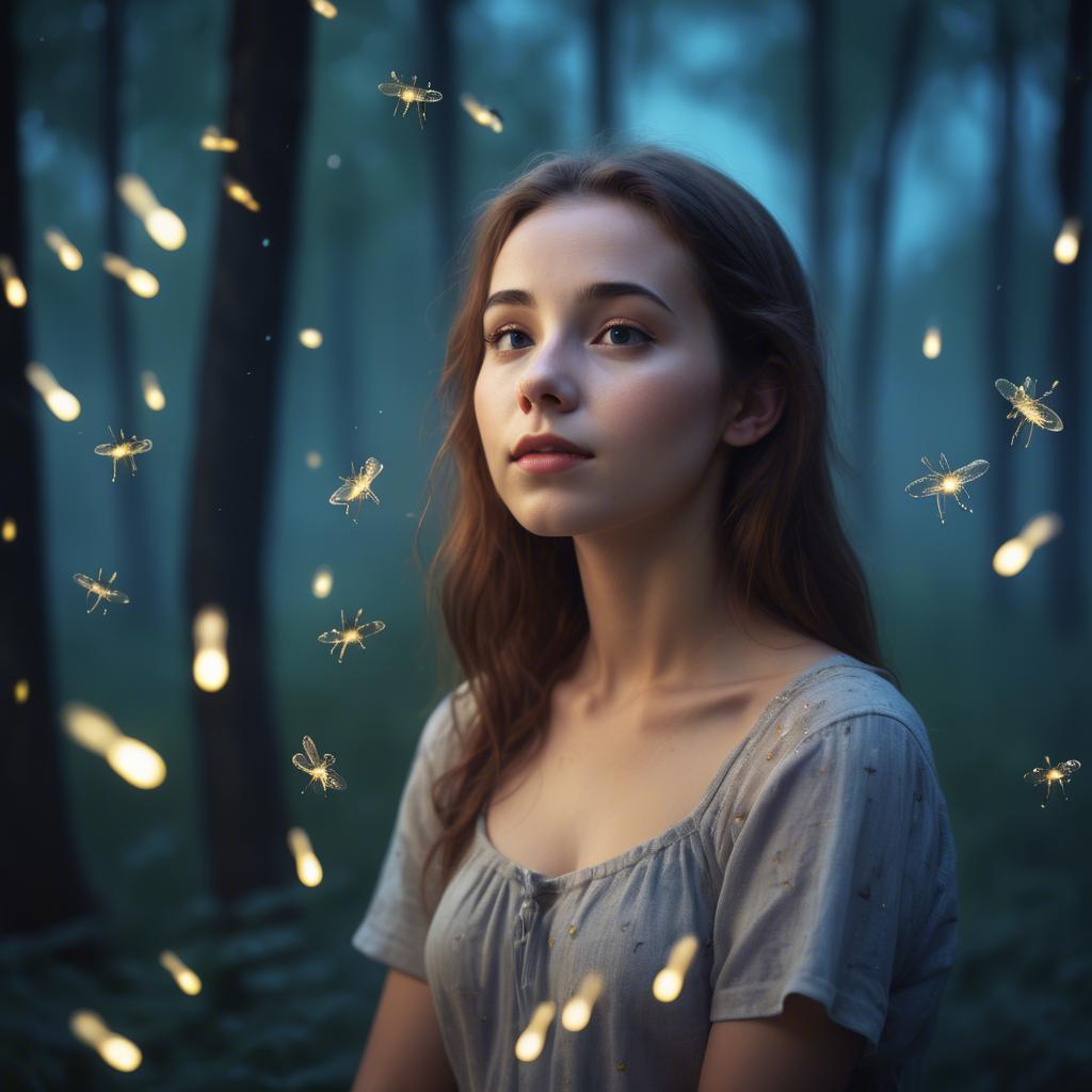 A stunning image of dreamy young woman surrounded by fireflies in twilight.