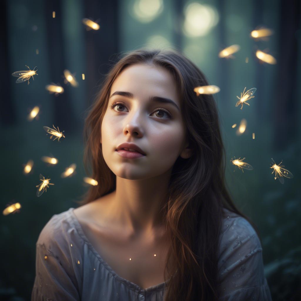 A stunning image of dreamy young woman surrounded by fireflies in twilight.
