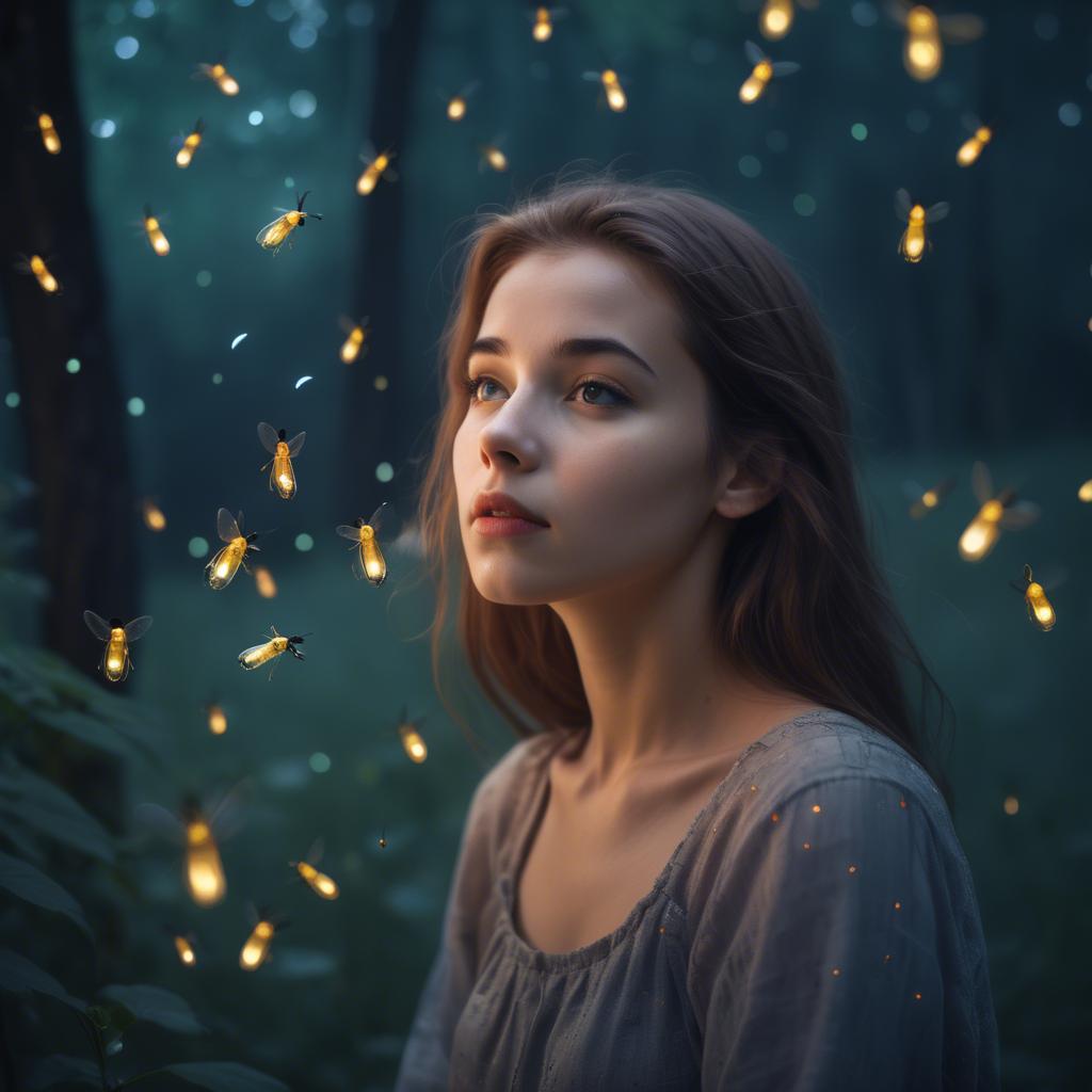 A stunning image of dreamy young woman surrounded by fireflies in twilight.