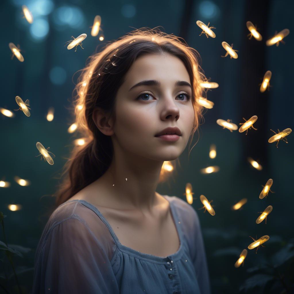 A stunning image of dreamy young woman surrounded by fireflies in twilight.