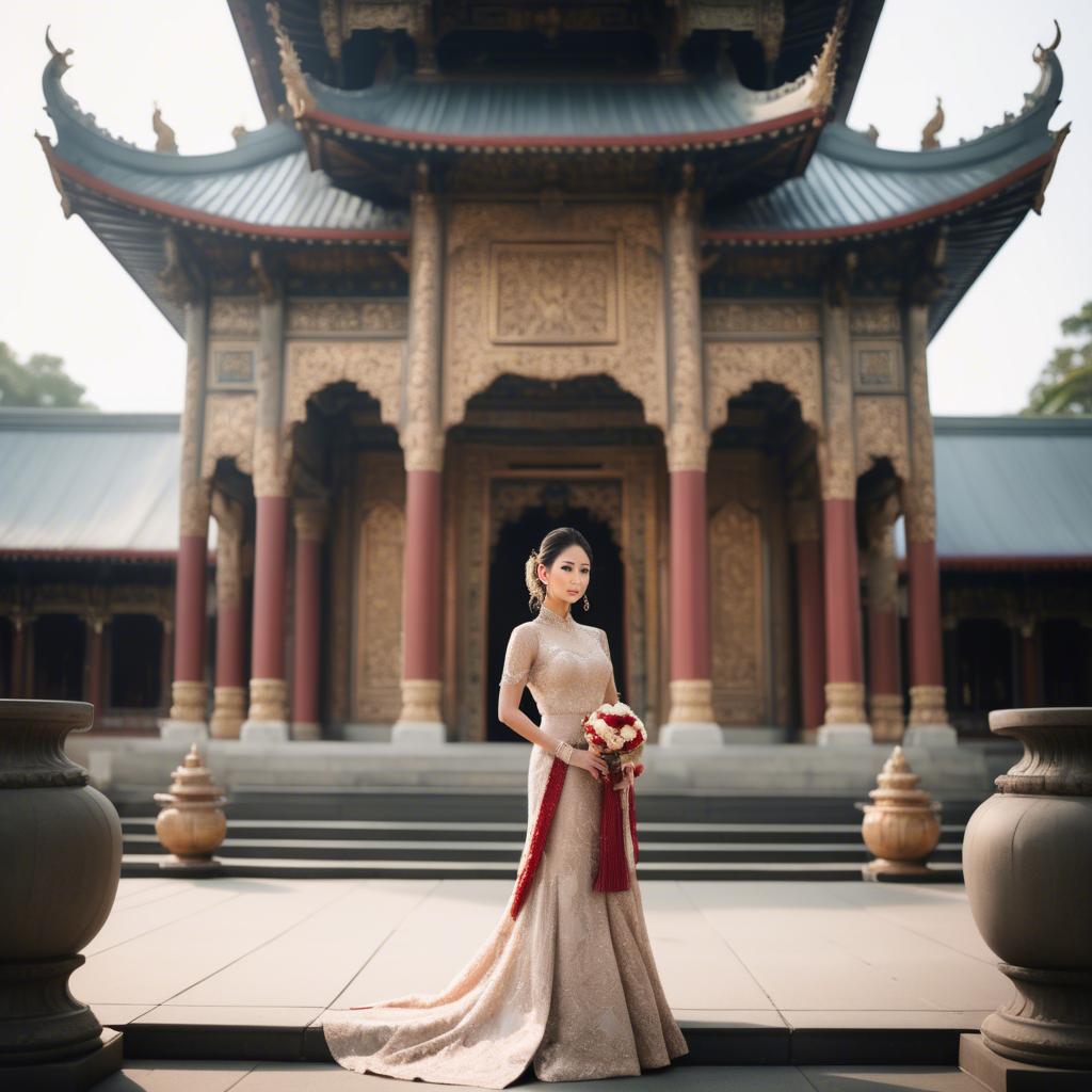 A stunning image of elegant asian bride in a grand temple setting.