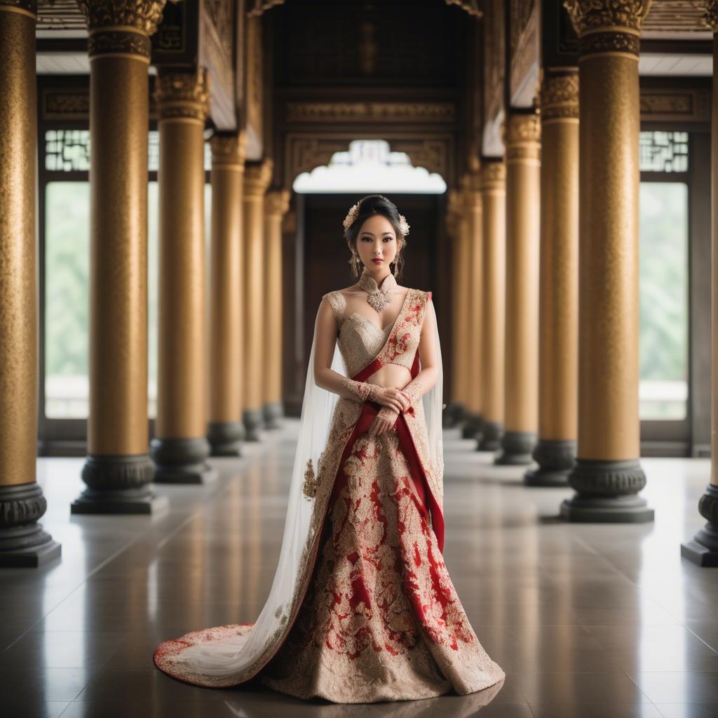 A stunning image of elegant asian bride in a grand temple setting.