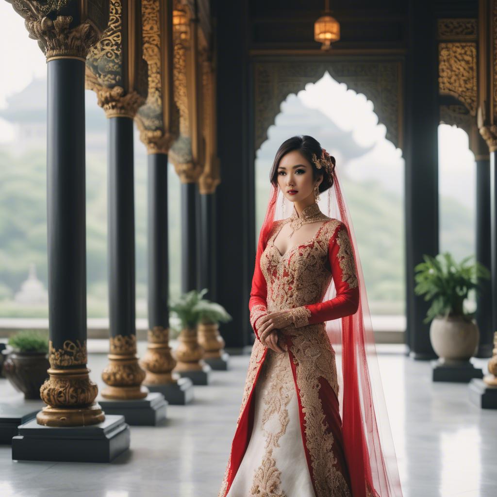 A stunning image of elegant asian bride in a grand temple setting.