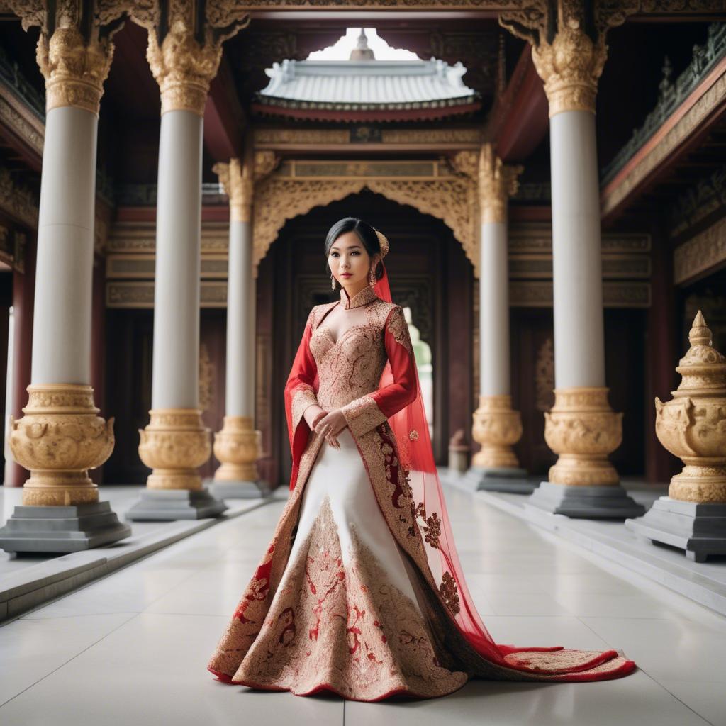A stunning image of elegant asian bride in a grand temple setting.