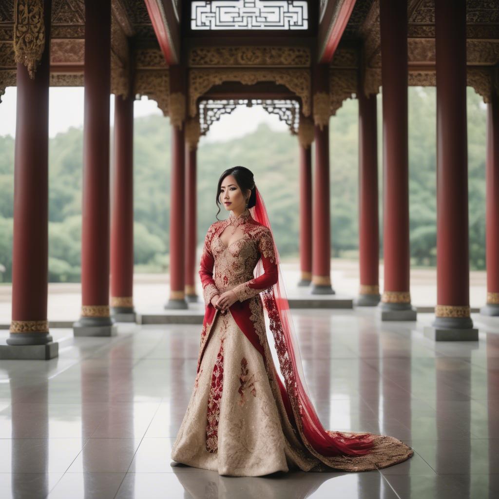A stunning image of elegant asian bride in a grand temple setting.