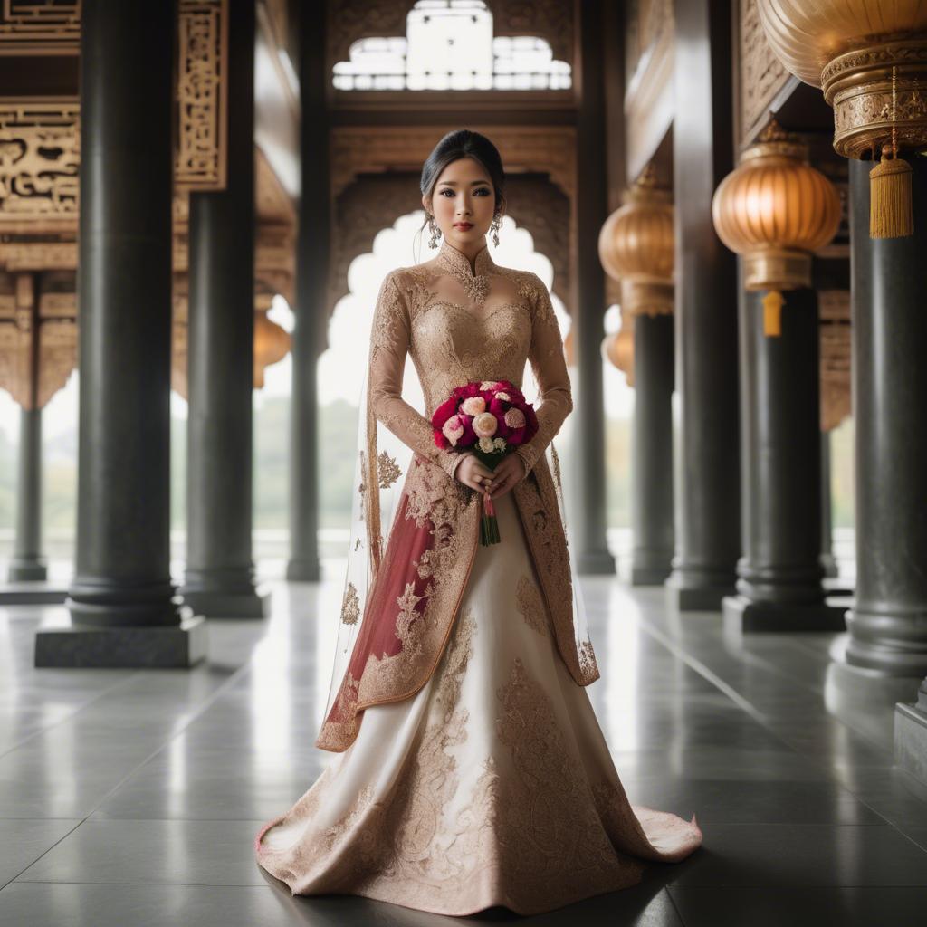 A stunning image of elegant asian bride in a grand temple setting.