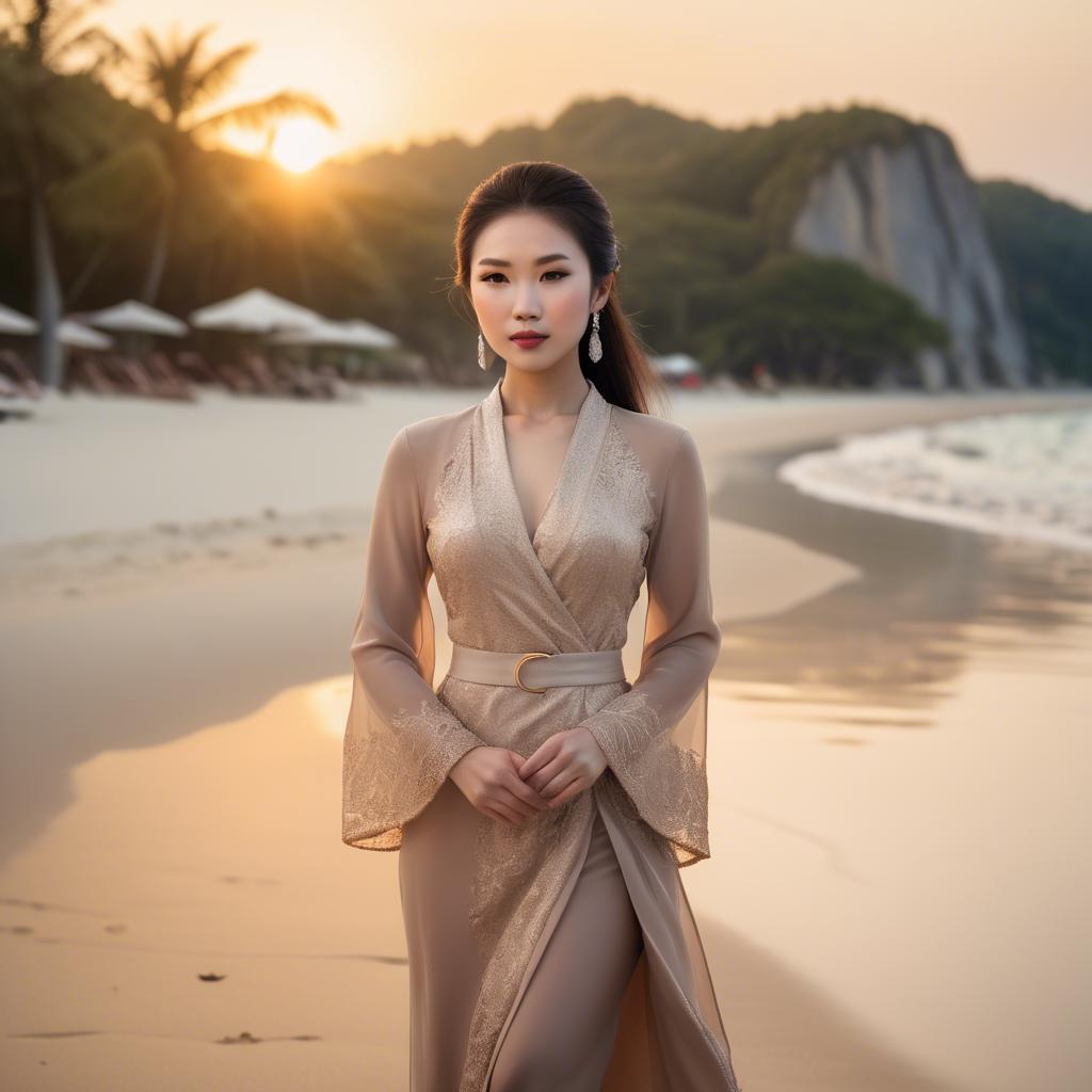 A stunning image of elegant asian lady on a sandy beach at sunset.