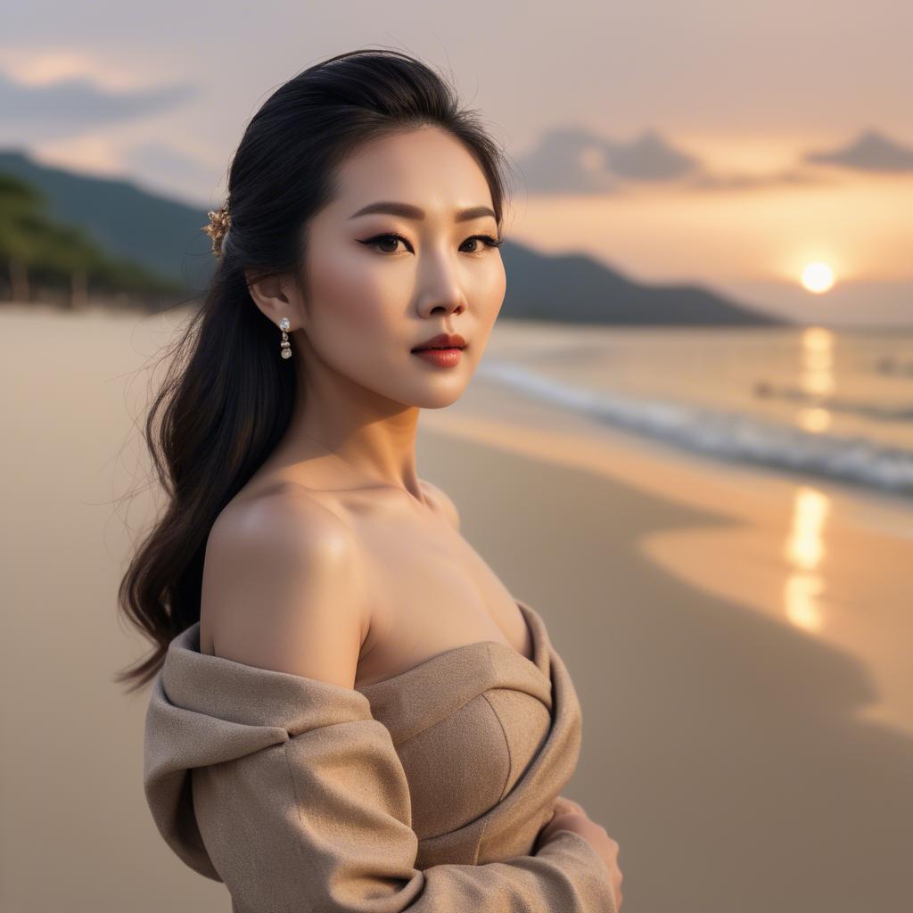 A stunning image of elegant asian lady on a sandy beach at sunset.