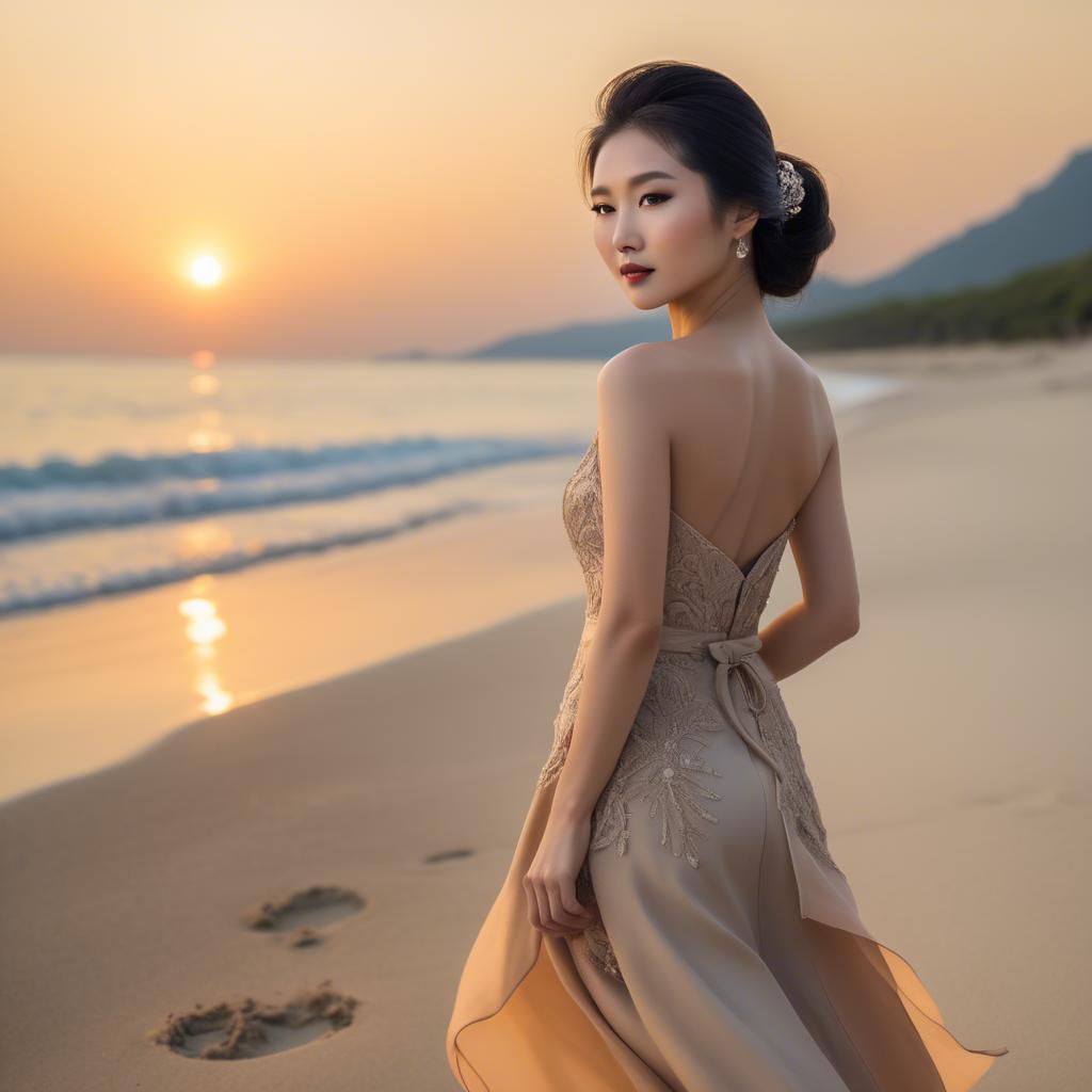 A stunning image of elegant asian lady on a sandy beach at sunset.