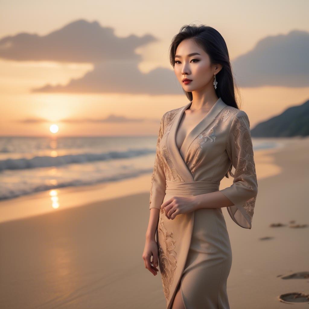 A stunning image of elegant asian lady on a sandy beach at sunset.