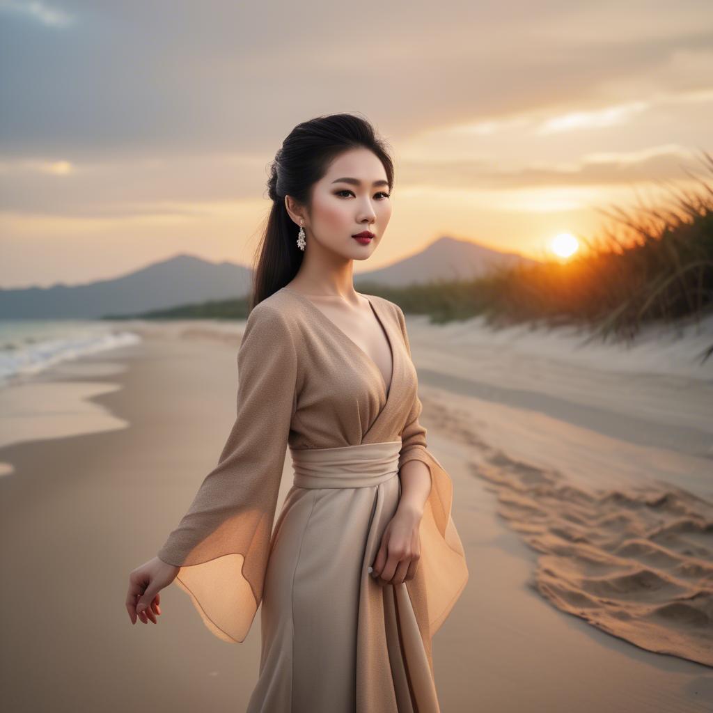 A stunning image of elegant asian lady on a sandy beach at sunset.