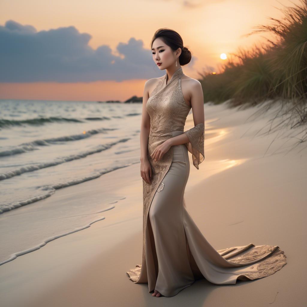 A stunning image of elegant asian lady on a sandy beach at sunset.