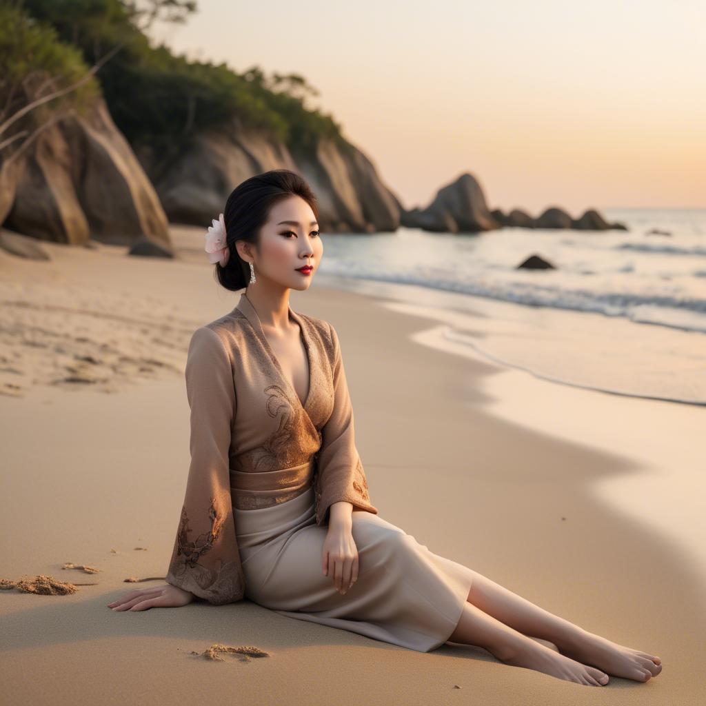 A stunning image of elegant asian lady on a sandy beach at sunset.