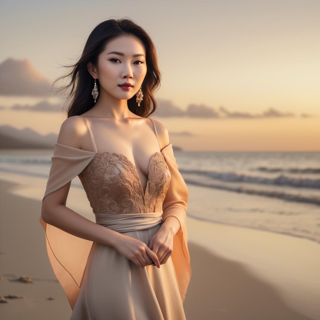 A stunning image of elegant asian lady on a sandy beach at sunset.