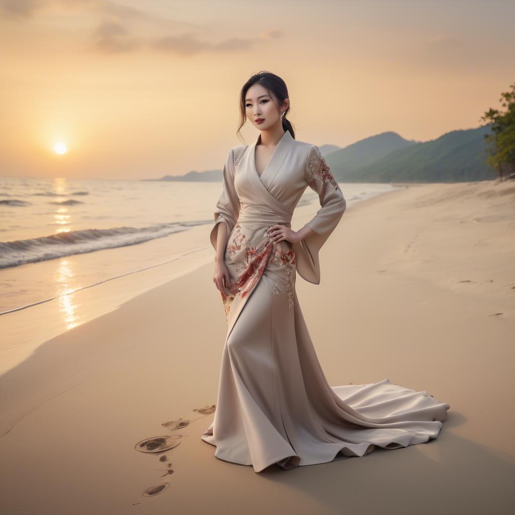 A stunning image of elegant asian lady on a sandy beach at sunset.