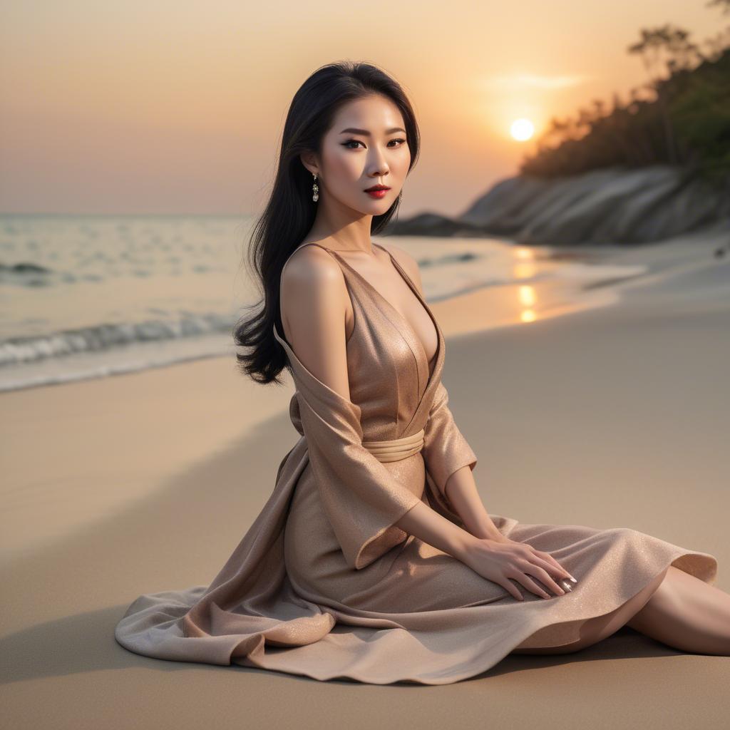 A stunning image of elegant asian lady on a sandy beach at sunset.