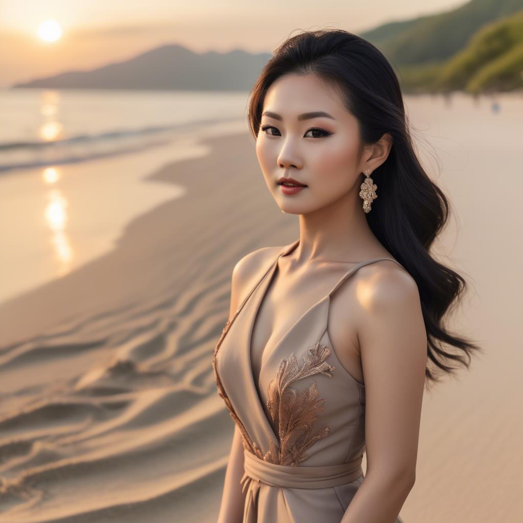 A stunning image of elegant asian lady on a sandy beach at sunset.