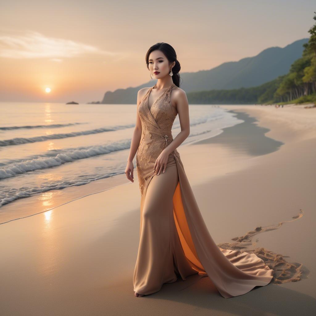A stunning image of elegant asian lady on a sandy beach at sunset.