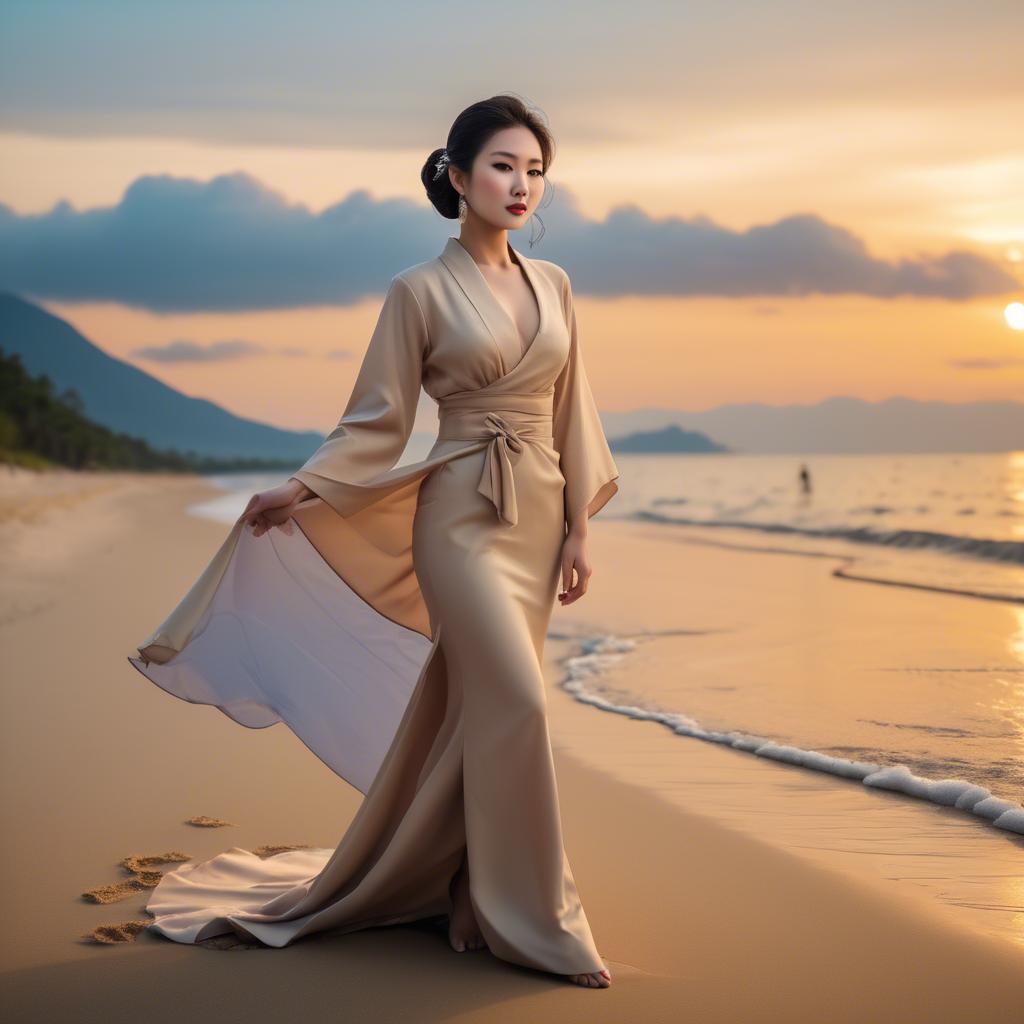 A stunning image of elegant asian lady on a sandy beach at sunset.
