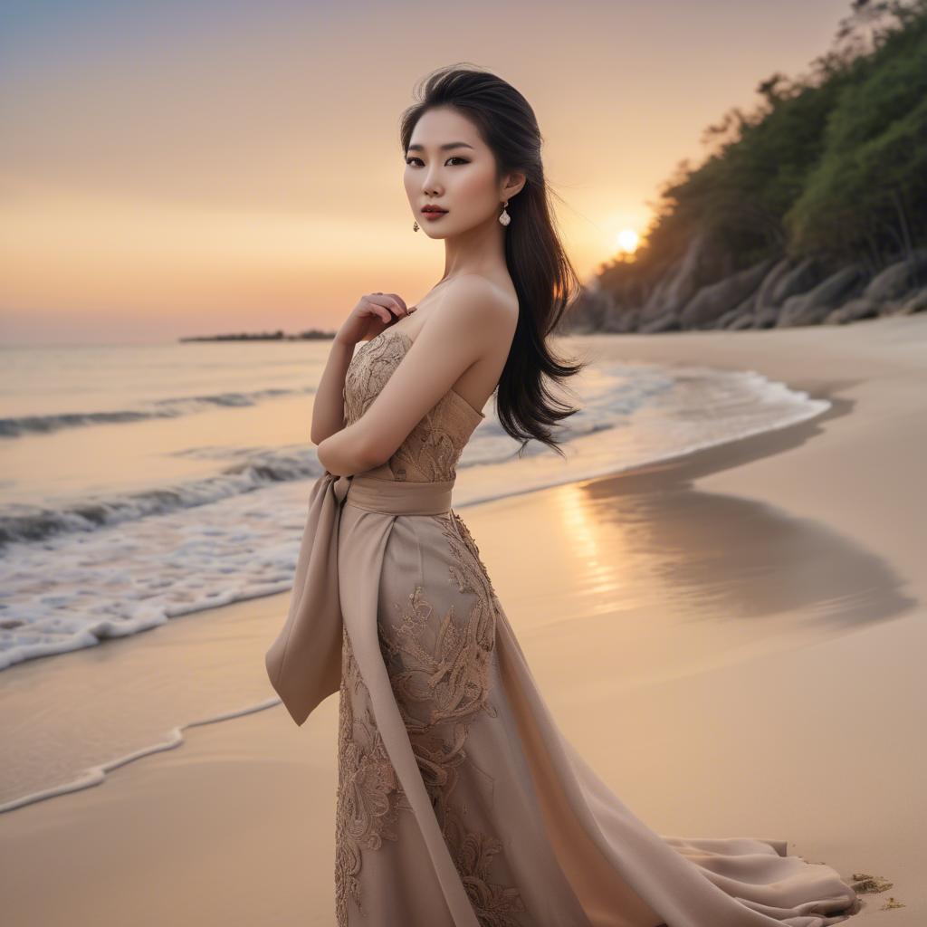 A stunning image of elegant asian lady on a sandy beach at sunset.