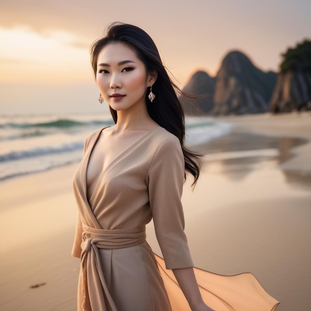 A stunning image of elegant asian lady on a sandy beach at sunset.