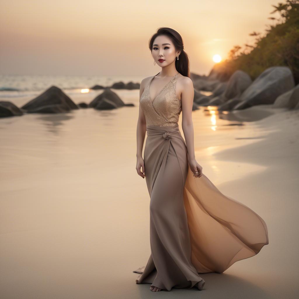 A stunning image of elegant asian lady on a sandy beach at sunset.