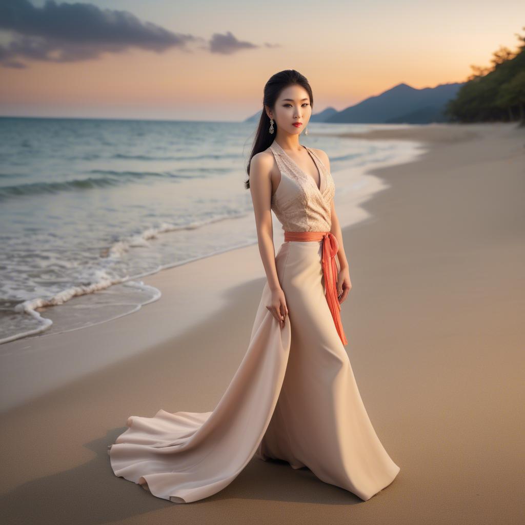 A stunning image of elegant asian lady on a sandy beach at sunset.