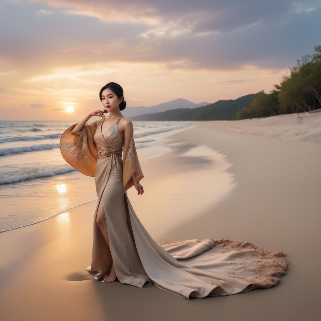 A stunning image of elegant asian lady on a sandy beach at sunset.