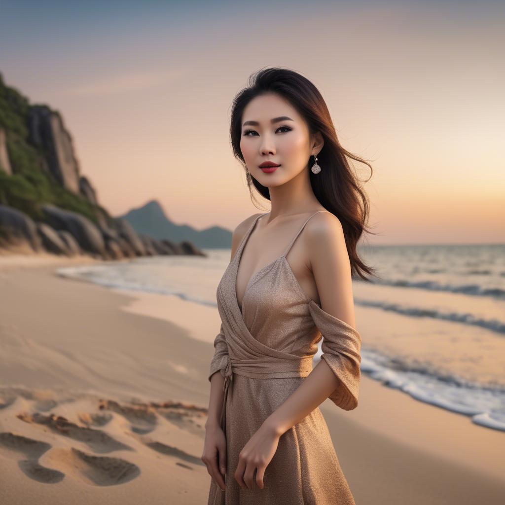 A stunning image of elegant asian lady on a sandy beach at sunset.