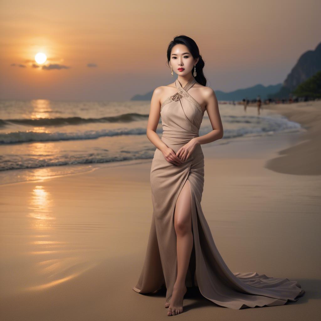 A stunning image of elegant asian lady on a sandy beach at sunset.