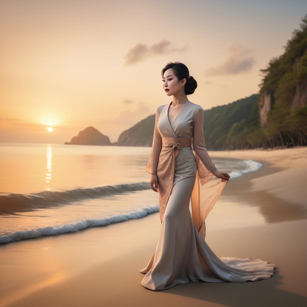 A stunning image of elegant asian lady on a sandy beach at sunset.