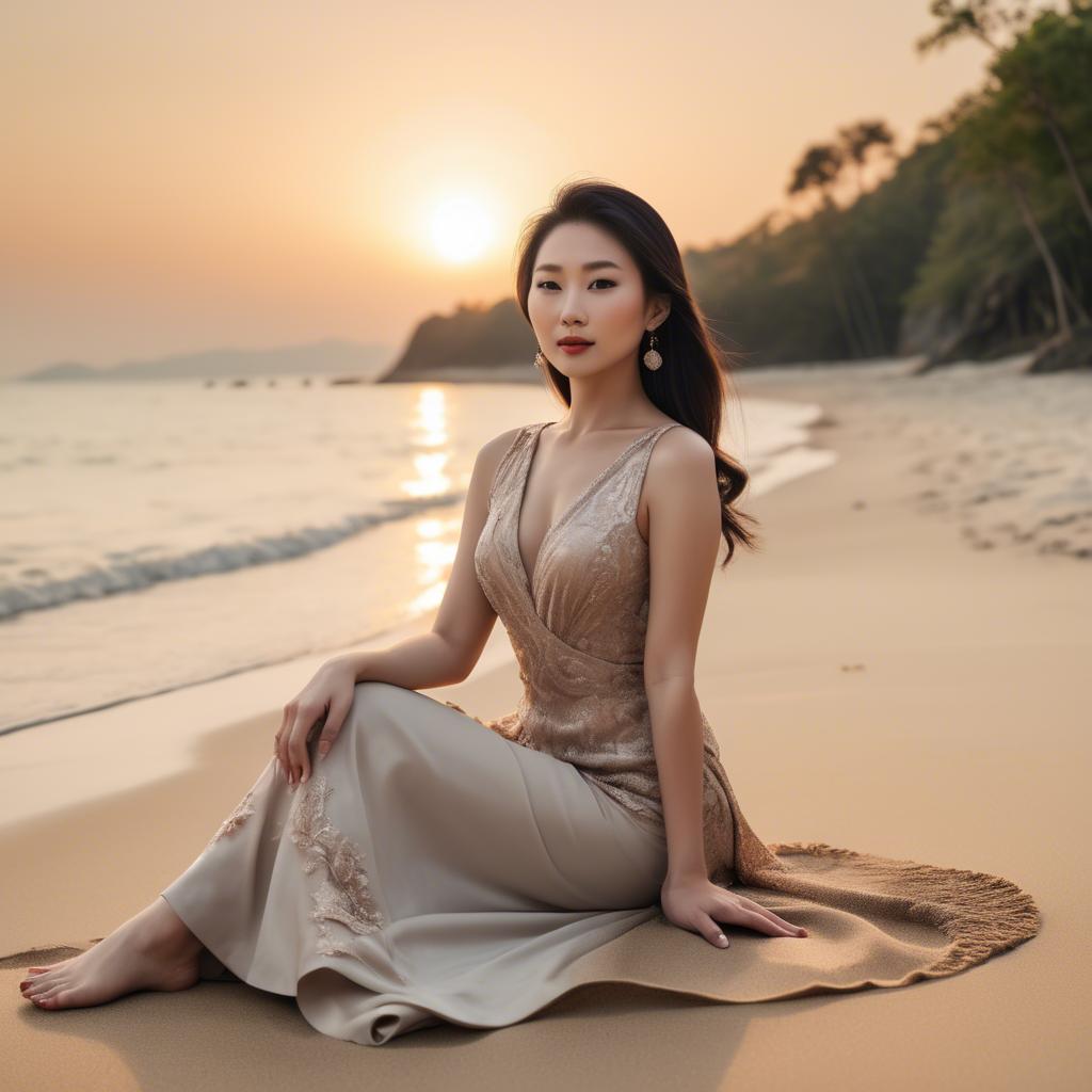 A stunning image of elegant asian lady on a sandy beach at sunset.