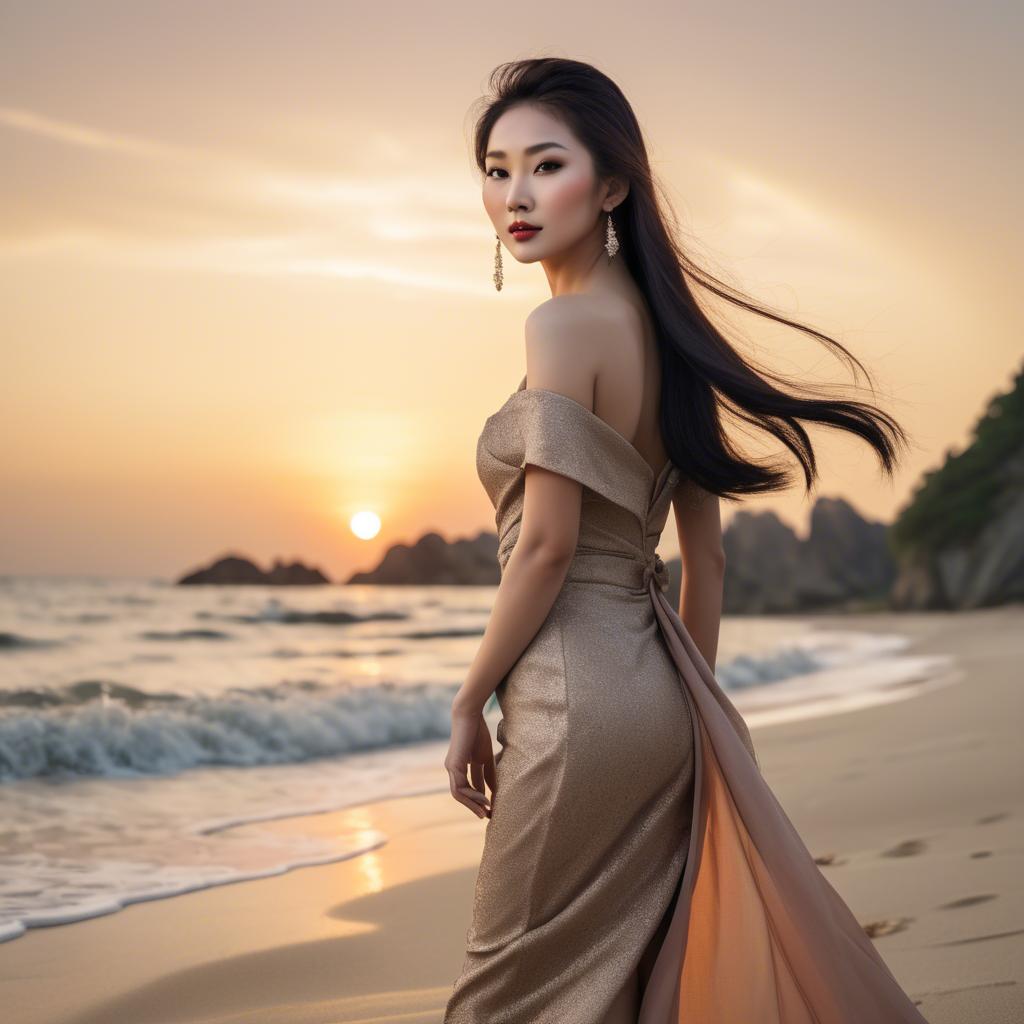 A stunning image of elegant asian lady on a sandy beach at sunset.