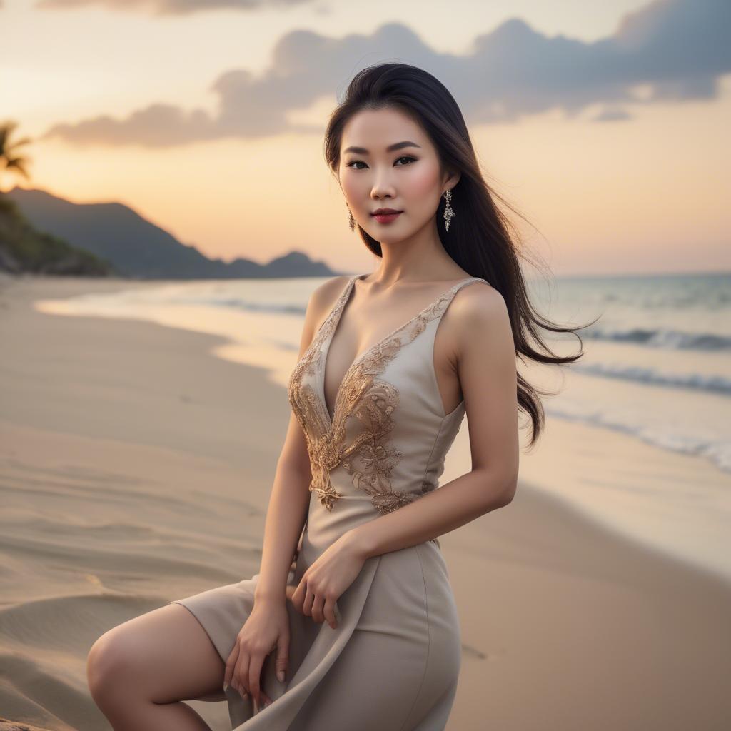A stunning image of elegant asian lady on a sandy beach at sunset.