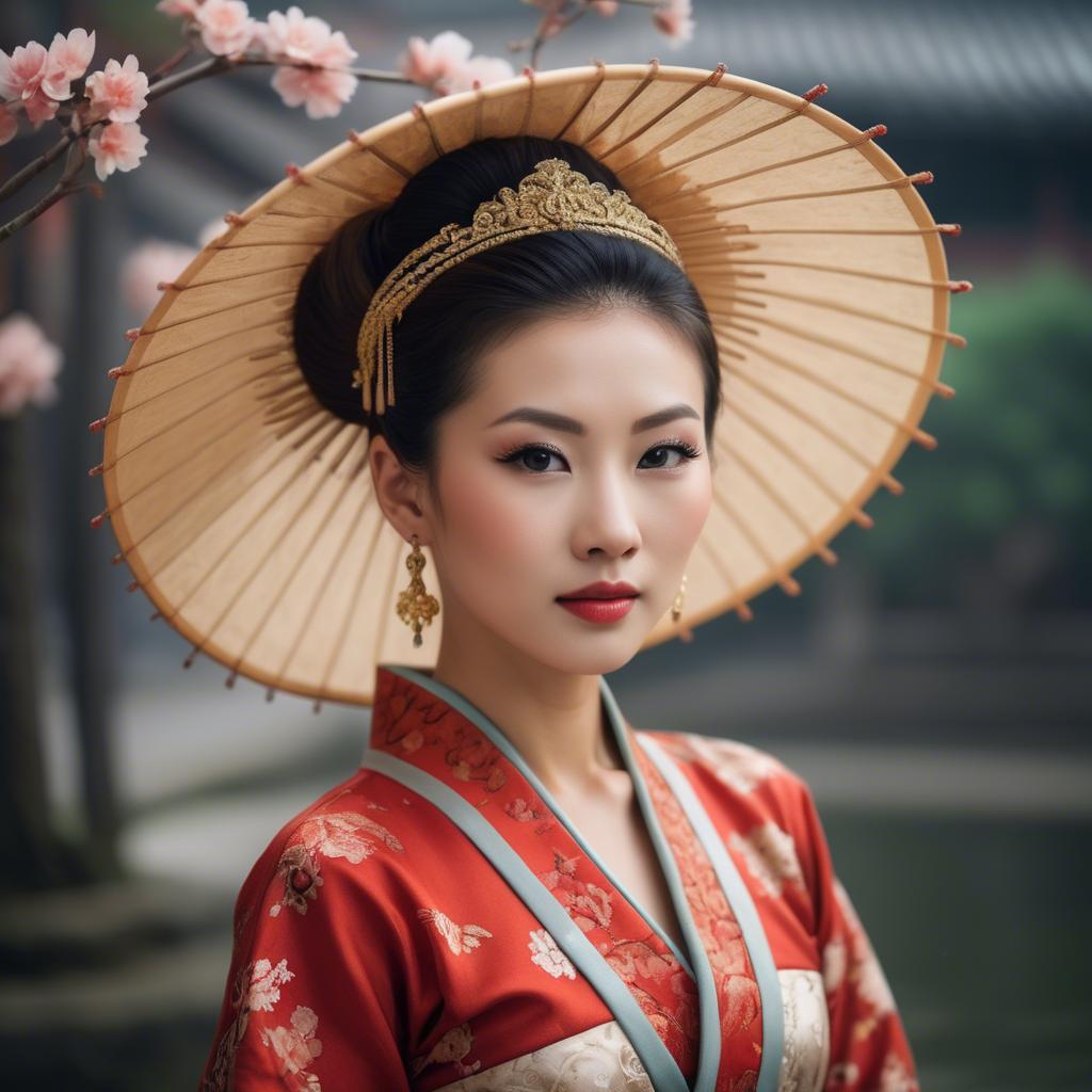 A stunning image of elegant asian woman in a traditional dress.
