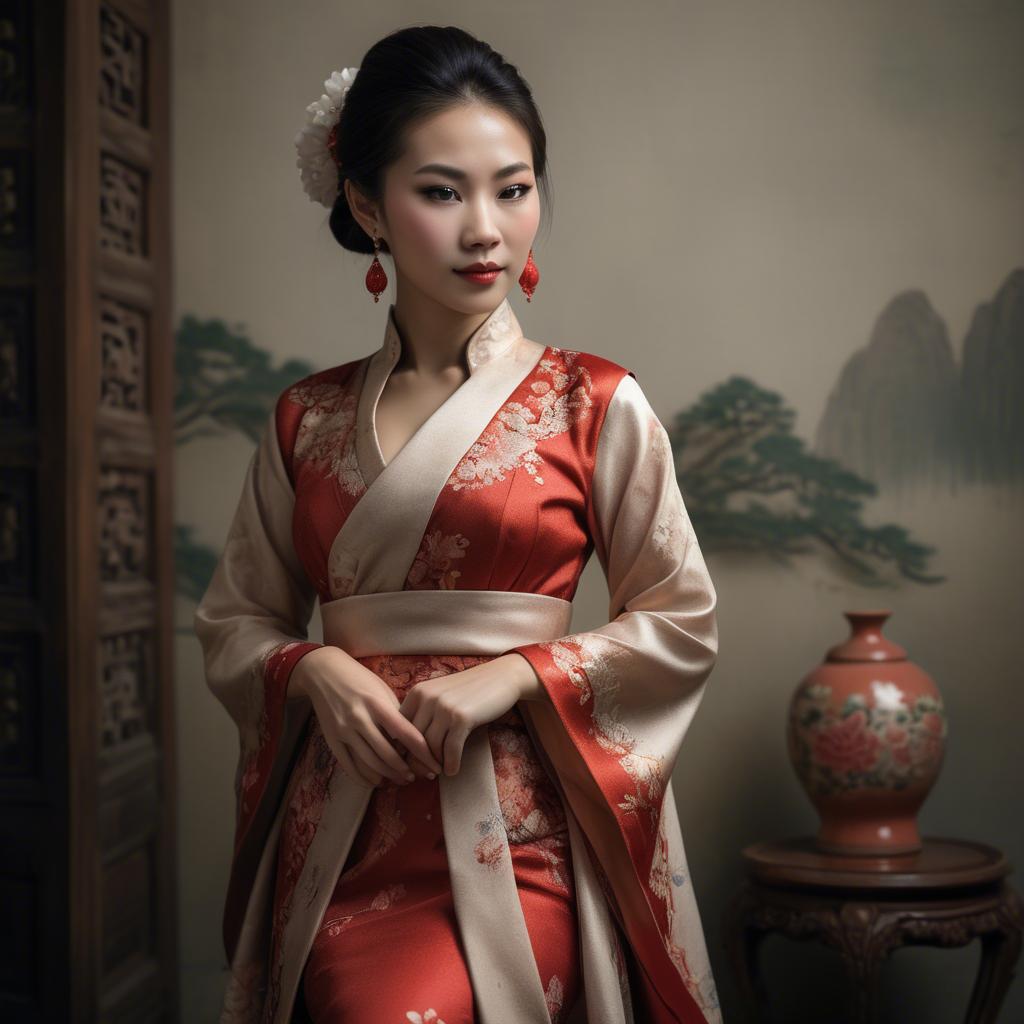 A stunning image of elegant asian woman in a traditional dress.