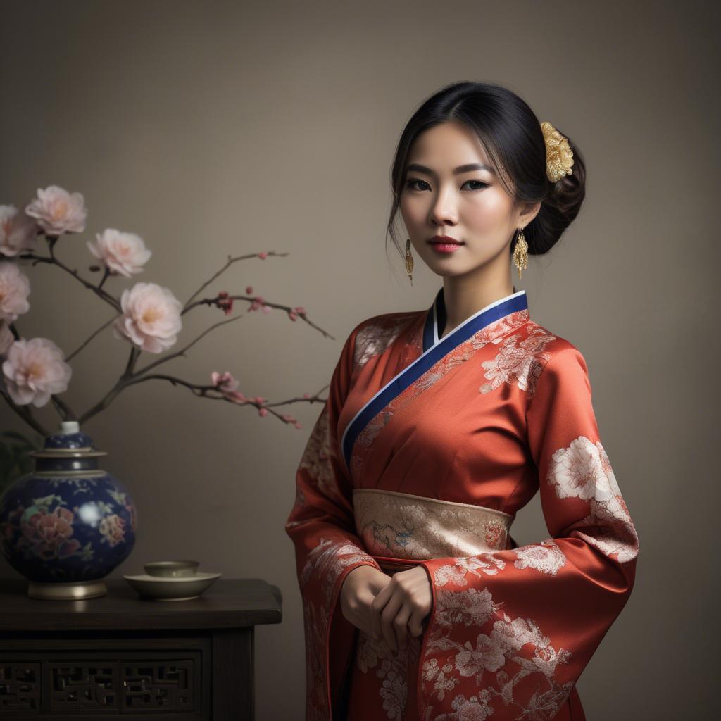 A stunning image of elegant asian woman in a traditional dress.