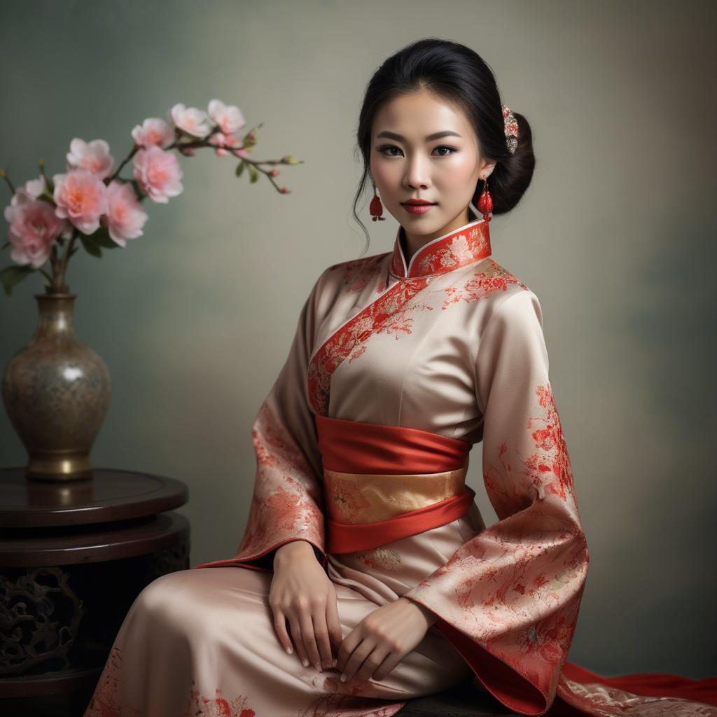 A stunning image of elegant asian woman in a traditional dress.