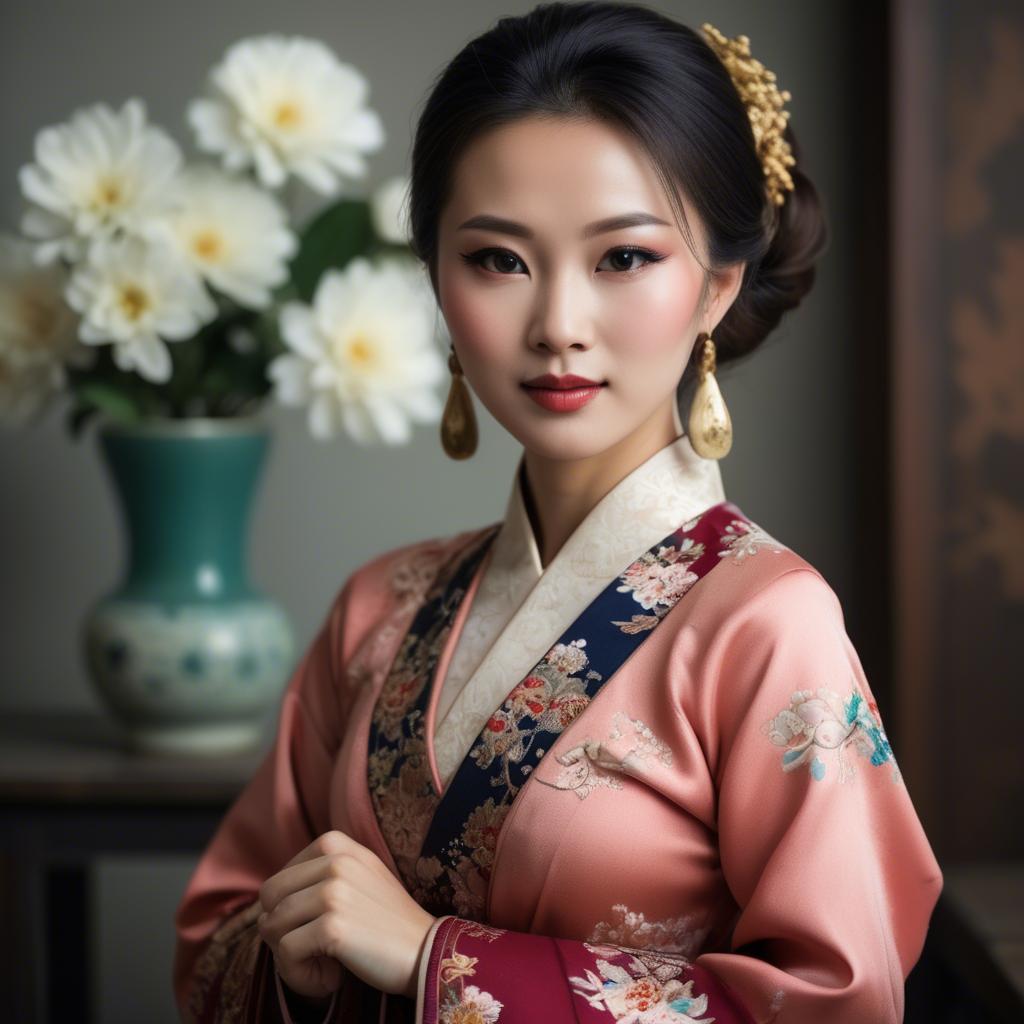 A stunning image of elegant asian woman in a traditional dress.