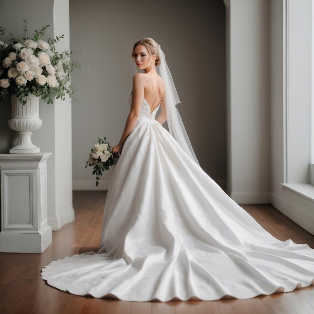 A stunning image of elegant bride in a classic white wedding gown.