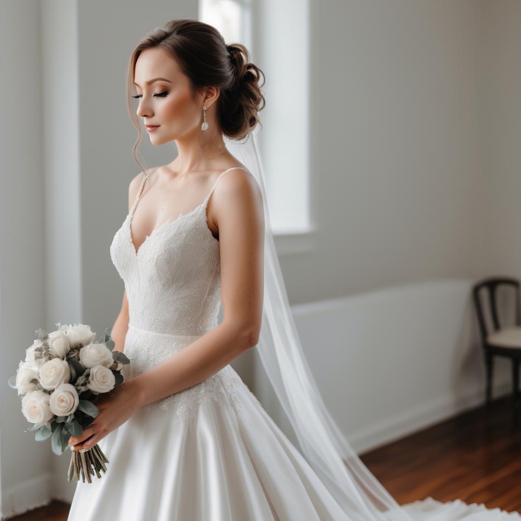 A stunning image of elegant bride in a classic white wedding gown.