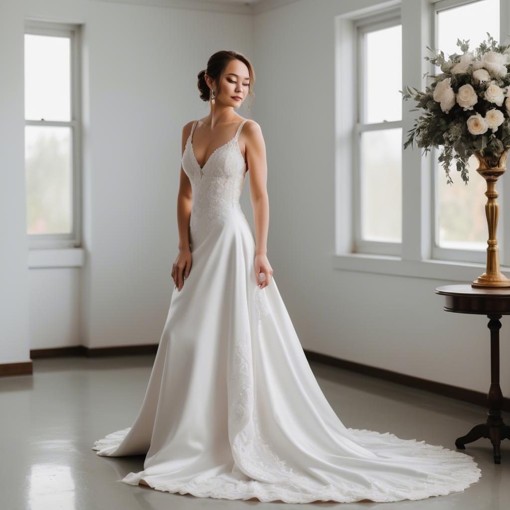A stunning image of elegant bride in a classic white wedding gown.