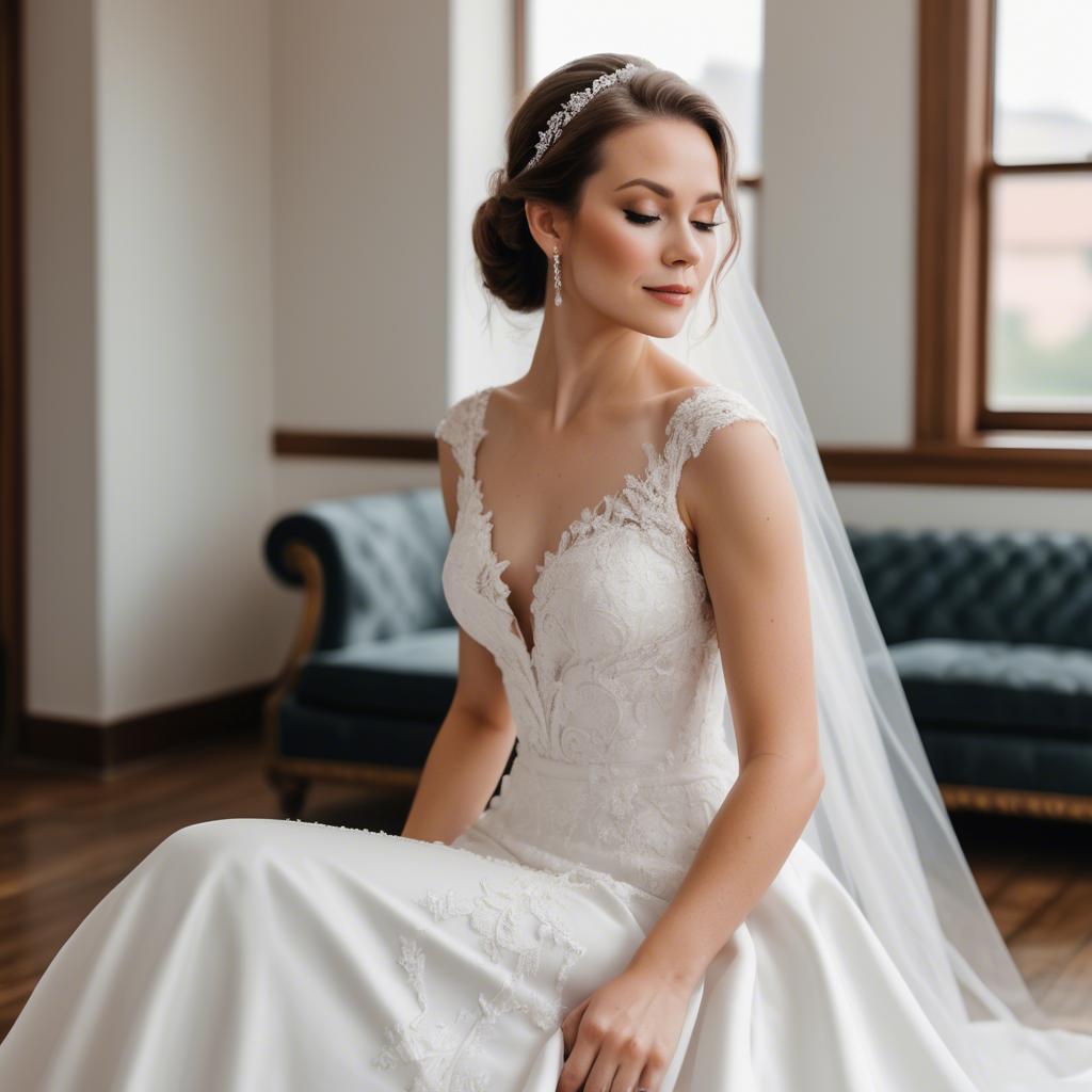 A stunning image of elegant bride in a classic white wedding gown.