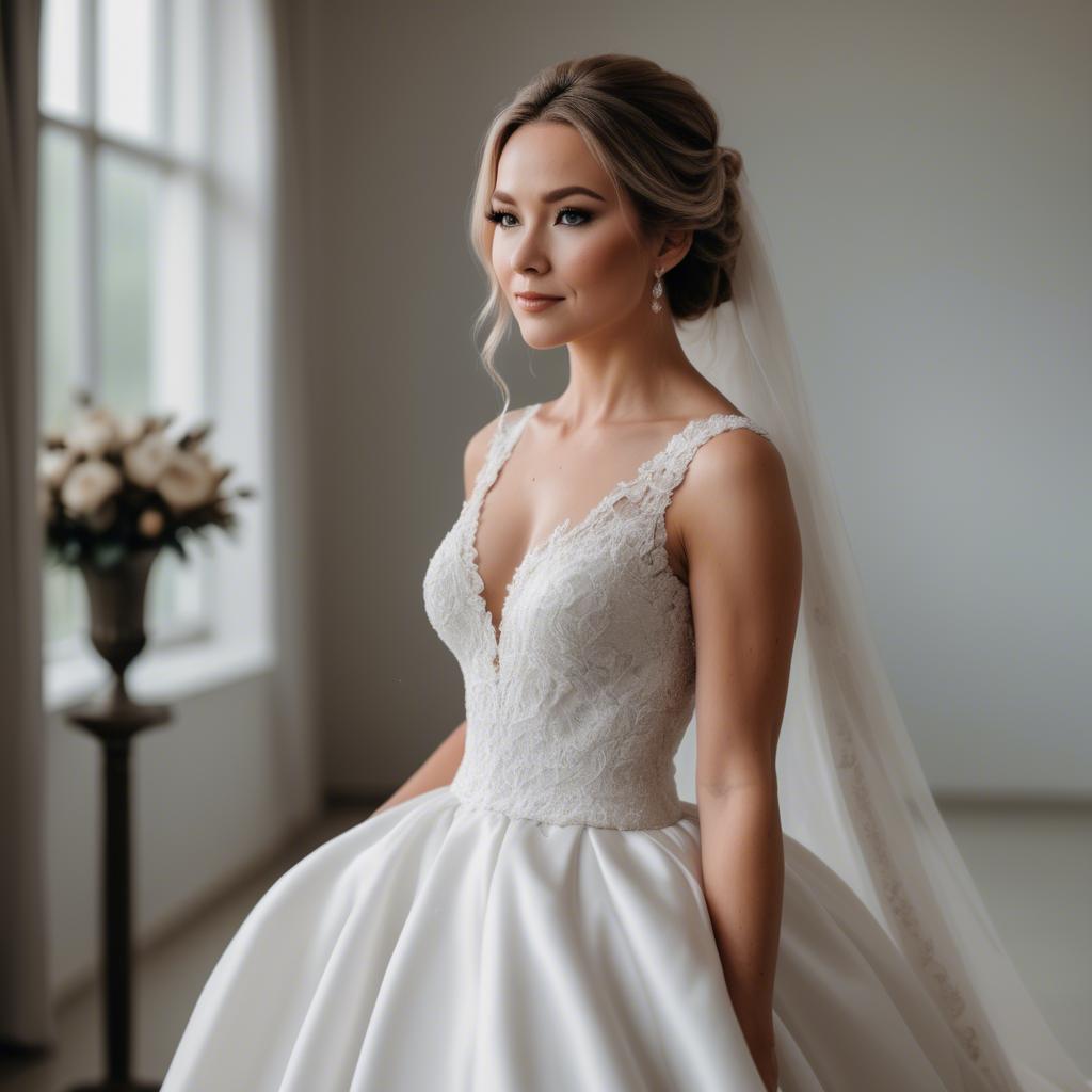 A stunning image of elegant bride in a classic white wedding gown.